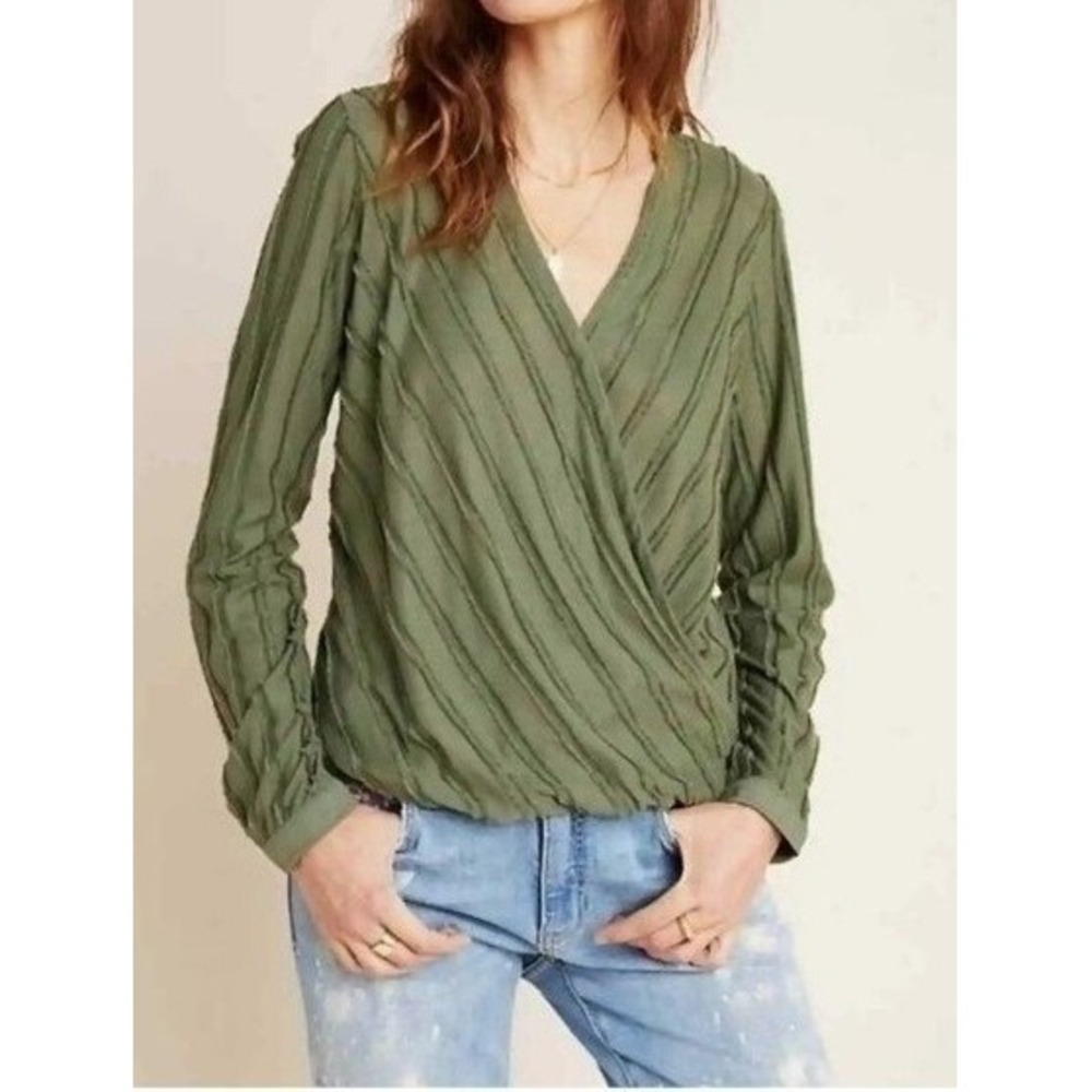 Maeve Audre Top Women XXS Olive Green Textured Faux Wrap Long Sleeve Boho
